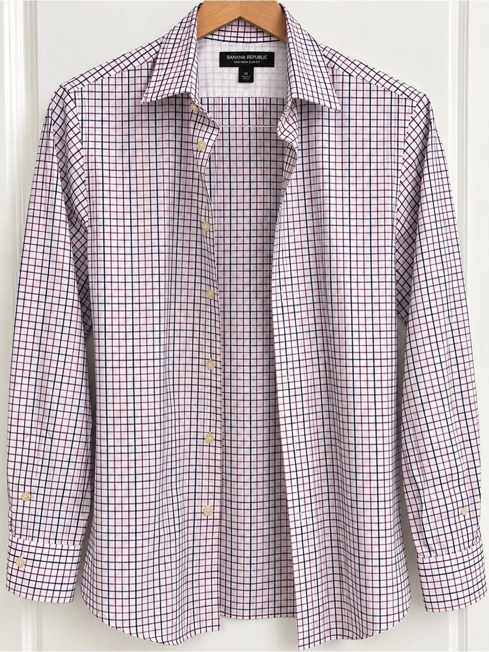 Banana Republic Slim Fit Checked Dress Shirt - White with Pink & Navy